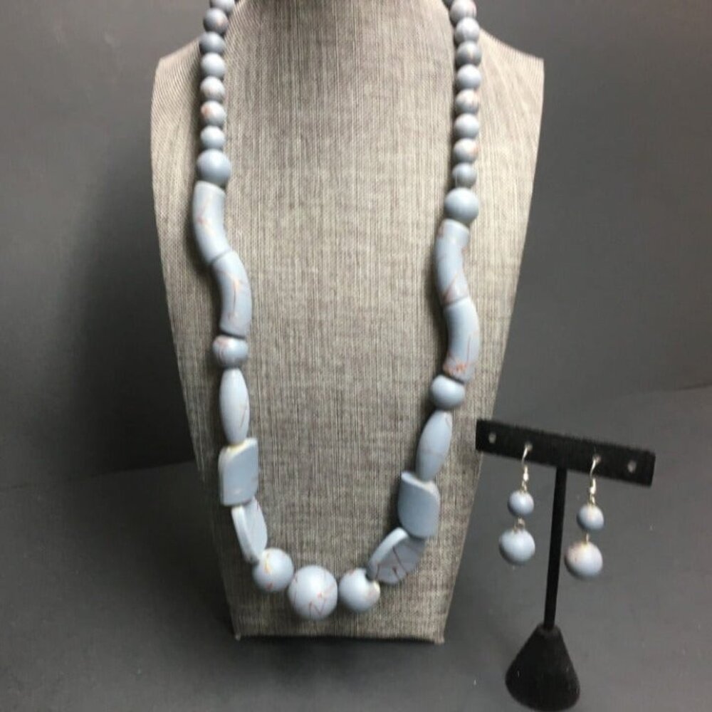 Chunky Statement Necklace Earrings 25 In Blue Grey Copper Splatter Retro 80s 90s